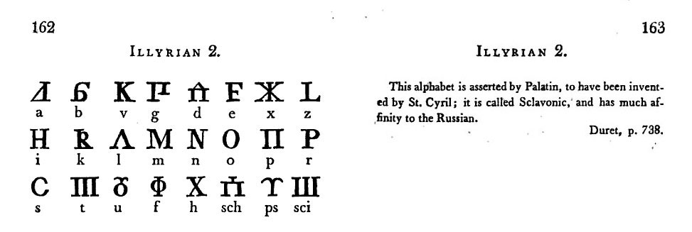P. 162-163. ILLYRIAN 2. This alphabet is asserted by Palatin, to have been invented by St. Cyril; it is called Sclavonic, and has much affinity to the Russian. Durct, p. 738.